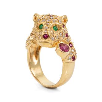 Ruby, Emerald and Diamond Panther Ring