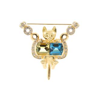 Quartz, Topaz and Diamond Cat Brooch