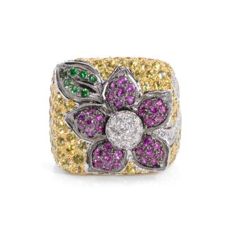 Sapphire, Ruby, Garnet & Diamond Flower Ring