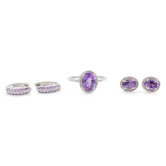 Amethyst & Diamond Ring & 2 Pair Earrings