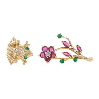 Set of Two Ruby, Emerald, Diamond Brooch